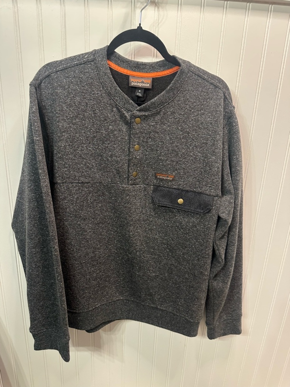 Patagonia Men’s Charcoal Crewneck Henley with Orange Trim